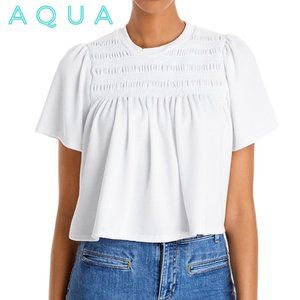 Aqua Womens White Smocked Knit Top Cropped Shirt Size Medium